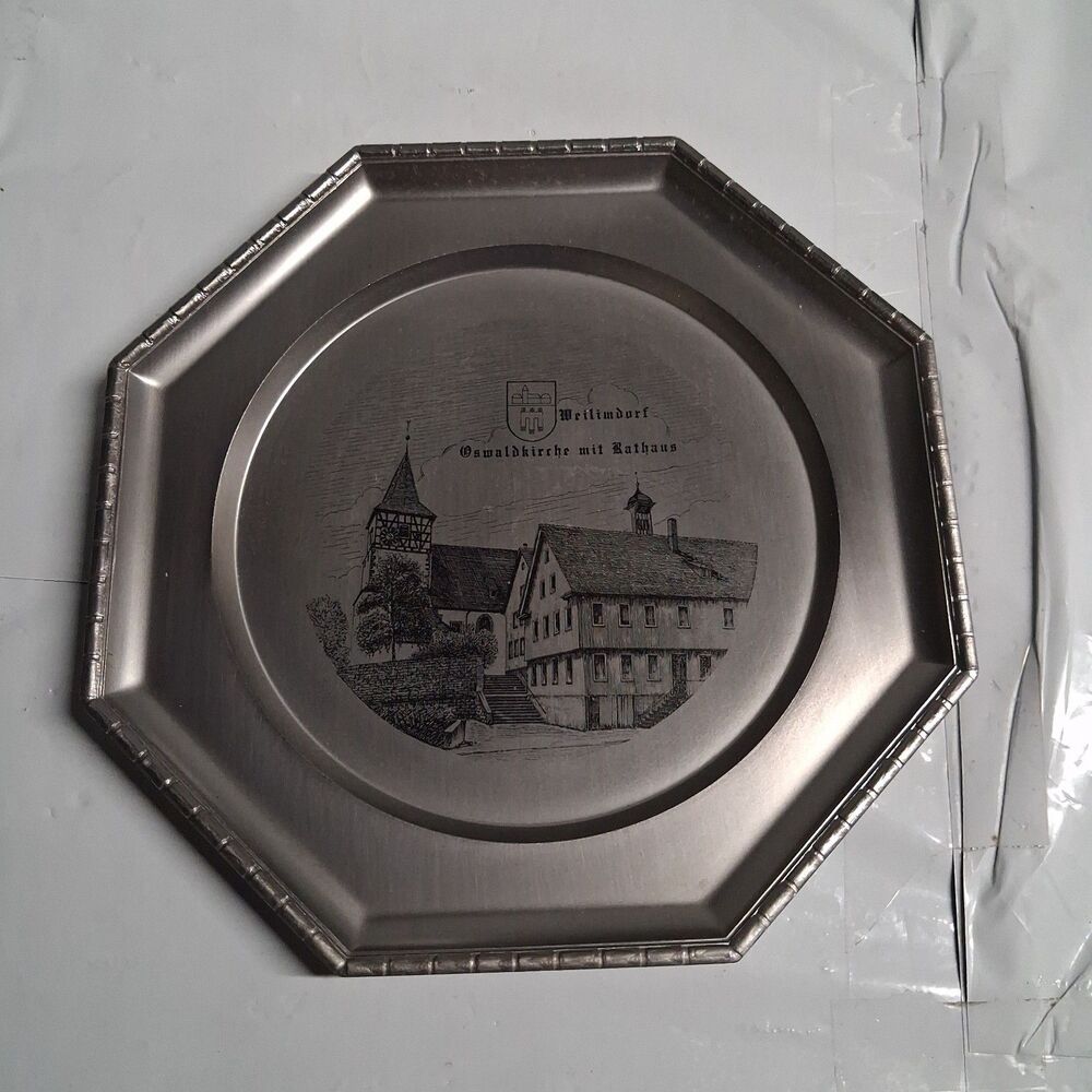 German Pewter Plate Weilimdorf Oswaldkirche Mit Rathaus Town Hall Church